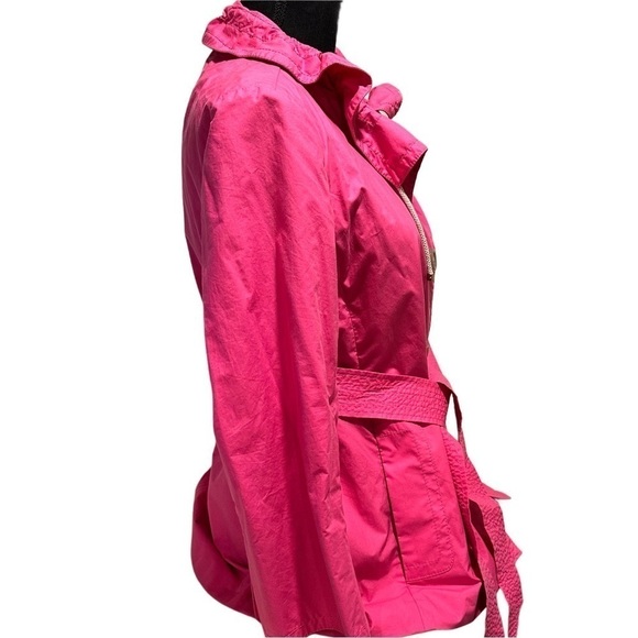 J. Crew Trench Coat Hot Pink Lightweight Lined Belted Ruffled Collar L EUC - Picture 6 of 16